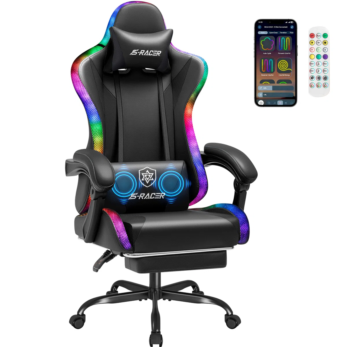 Ergonomic PC & Racing Game Chair with LED Lights & Massage Lumbar Pillow Adjustable Reclining Gaming Chair with Footrest - Image 3