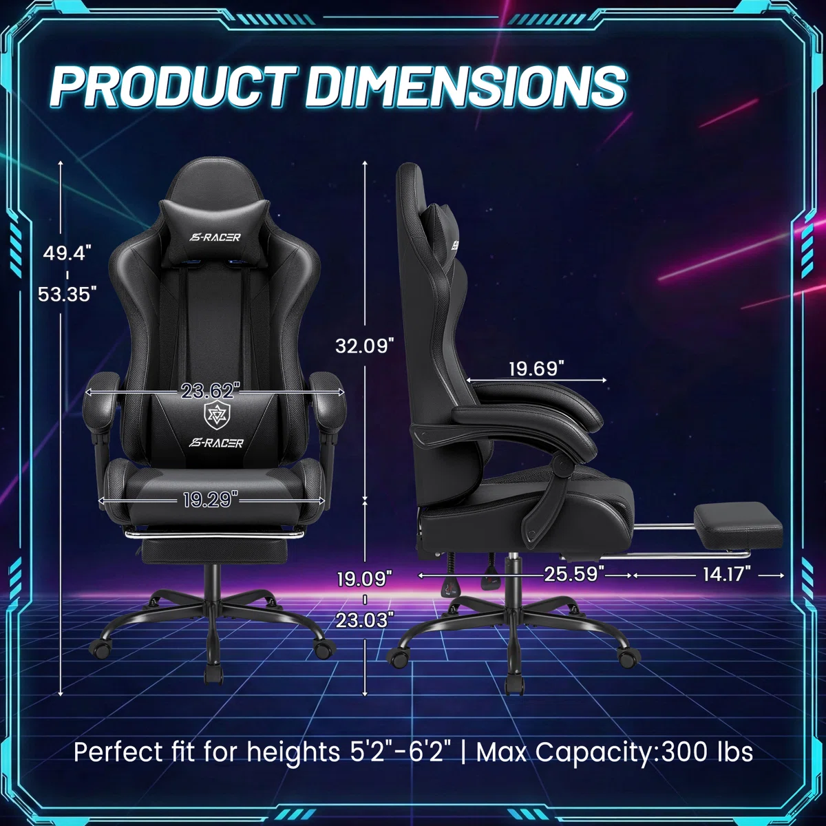 Ergonomic PC & Racing Game Chair with LED Lights & Massage Lumbar Pillow Adjustable Reclining Gaming Chair with Footrest - Image 2